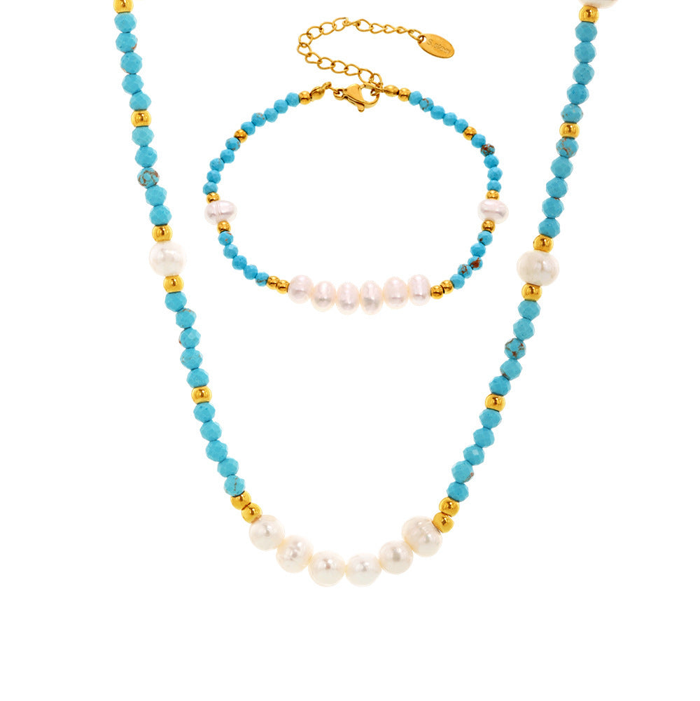 Wholesale Blue turquoise handmade beaded natural freshwater pearl necklace bracelet new set